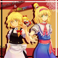  2girls alice_margatroid apron blonde_hair bow braid capelet character_name commentary_request green_eyes hairband hairbow kirisame_marisa multiple_girls no_headwear puffy_sleeves qontamblue sash shanghai_doll short_hair short_sleeves side_braid single_braid smile touhou yellow_eyes 