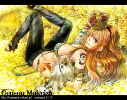  bikini_top breasts crown erect_nipples female food fruit gold jewelry jinnai_tsukasa large_breasts legs_crossed nami nami_(one_piece) one_piece orange orange_hair sitting solo tattoo 