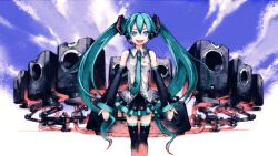  aqua_eyes aqua_hair commentary_request detached_sleeves female hatsune_miku long_hair looking_at_viewer necktie open_mouth skirt smile solo speaker thighhighs twintails very_long_hair vocaloid yoshida_tooru zettai_ryouiki 