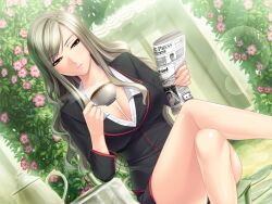  asuhara_misa breasts cleavage coffee cup door female flower game_cg garden grey_hair highres large_breasts legs legs_crossed long_hair looking_at_viewer motto_nee_chanto_shiyou_yo! serious sitting smoke solo steam sumeragi_kohaku thighs 