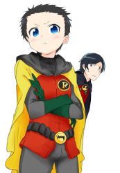  batman_(series) belt black_hair blue_eyes brother brothers can&#039;t_be_this_cute cape crossed_arms damian_wayne dc_comics family gloves hood hoodie male male_focus mask multiple_boys ore_no_imouto_ga_konna_ni_kawaii_wake_ga_nai parody pixiv_thumbnail red_robin resized robin_(dc) siblings superhero tim_drake 