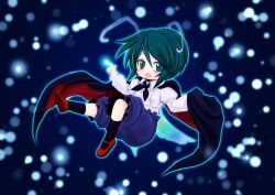  antennae blush cape commentary_request female green_eyes green_hair long_sleeves madara_inosuke puffy_sleeves ringed_eyes short_hair shorts solo touhou wriggle_nightbug 