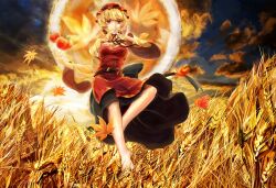  absurdres aki_minoriko autumn_leaves barefoot belt blonde_hair cloud commentary_request female food fruit hat highres parted_lips persimmon photoshop_(medium) poyan_noken red_eyes short_hair sky solo touhou wheat 