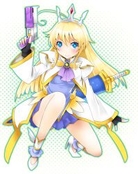  adelaide_grand_marnier black_gloves blonde_hair blue_eyes commentary dog_days female fingerless_gloves gloves gun handgun jacket juliet_sleeves long_hair long_sleeves looking_at_viewer michii_yuuki puffy_sleeves shirt skirt smile solo star-shaped_pupils star_(symbol) sword symbol-shaped_pupils tiara trigger_discipline weapon wide_sleeves 