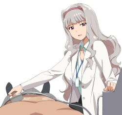  1boy a1_(initial-g) bulge doctor erection female grey_hair hairband idolmaster idolmaster_(classic) lab_coat long_hair photoshop_(medium) purple_eyes shijou_takane straight ultrasound_transducer very_long_hair 