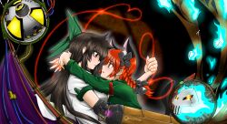  2girls alternate_weapon animal_ears aperture_laboratories arm_cannon arm_strap arms_around_neck black_hair bloodycat blouse blush bow braid brown_eyes cape cat_ears cat_tail chinese_commentary commentary_request crossover dress extra_ears eye_contact green_bow green_dress hair_ribbon hairbow heart heart_of_string highres hug kaenbyou_rin long_hair looking_at_another machine messy_hair miko_embrace multiple_crossover multiple_girls pointy_ears portal_(series) portal_1 profile red_eyes red_hair reiuji_utsuho ribbon shirt short_sleeves skull string string_of_fate tail third_eye touhou twin_braids upper_body weapon wings yuri 