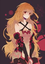  bad_id bad_pixiv_id black_background blonde_hair breasts cleavage criss-cross_straps female gloves long_hair medium_breasts milla_maxwell milla_maxwell_(tox2) red_eyes skirt solo tales_of_(series) tales_of_xillia tales_of_xillia_2 v_arms yachi_kou 