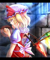  blonde_hair commentary_request crystal female flandre_scarlet hat hat_ribbon letterboxed open_mouth puffy_sleeves qontamblue red_eyes ribbon short_hair short_sleeves side_ponytail solo touhou wings 