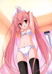  :o absurdres black_thighhighs blush bow bow_bra bow_panties bra clover curtains diamond_(shape) female from_below heart hidan_no_aria highres horn_hair_ornament kanzaki_h._aria kobuichi lingerie long_hair looking_at_viewer looking_down navel oerba_yun_fang open_mouth panties pink_eyes pink_hair print_bra print_panties scan shiny_skin solo spade_(shape) thighhighs twintails underwear underwear_only undressing very_long_hair white_bra white_panties window 