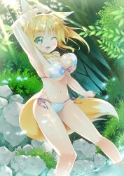  ;d animal_ears arm_up armpits bikini blonde_hair blush breasts commentary_request dappled_sunlight dog_days female fox_ears fox_tail front-tie_top green_eyes groin highres kazuma_(kazumav) large_breasts light_rays long_hair looking_at_viewer navel oerba_yun_fang one_eye_closed open_mouth outdoors ponytail rock shiny_skin side-tie_bikini_bottom skindentation smile solo sunbeam sunlight swimsuit tail wading yukikaze_panettone 