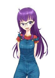  arms_behind_back commentary_request dr._slump female glasses long_hair maeda_risou norimaki_arale over-rim_eyewear overalls purple_eyes purple_hair semi-rimless_eyewear simple_background solo tongue tongue_out white_background 