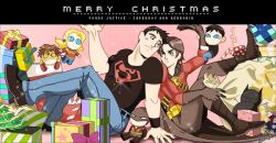  2boys 4boys back-to-back back_to_back bart_allen batman belt black_hair blonde_hair blue_eyes boots brown_hair candy candy_cane cape cassandra_sandsmark character_name chibi christmas christmas_tree dc_comics denim dual_persona female gift impulse jeans lowres mask multiple_boys pants pixiv_thumbnail present red_robin resized s_shield sitting superboy superhero tim_drake wonder_girl young_justice 