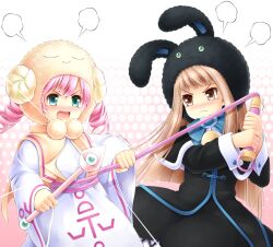  2girls bad_id bad_pixiv_id blonde_hair bow dress duel_monster ebon_magician_curran green_eyes hat headgear komimiyako long_sleeves multiple_girls pink_hair wand whip white_magician_pikeru wide_sleeves yellow_eyes yu-gi-oh! 