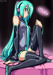  aqua_eyes aqua_hair artist_name bed black_thighhighs blush boots breasts character_name commentary_request detached_sleeves female hair_ornament hatsune_miku headphones hugging_own_legs long_hair medium_breasts miniskirt necktie on_bed rog_rockbe signature skirt solo thigh_boots thighhighs twintails very_long_hair vocaloid 