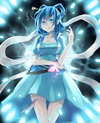  blue_eyes blue_hair breasts cleavage commentary_request dress female flower hair_ornament hair_rings hair_stick kaku_seiga medium_breasts mei_luo ofuda shawl short_hair short_sleeves solo touhou vest 