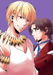  2boys bad_id bad_pixiv_id blonde_hair blue_eyes bracelet brown_hair facial_hair fate/zero fate_(series) formal gilgamesh_(fate) goatee gucce222 jewelry male_focus multiple_boys necklace official_alternate_costume red_eyes suit tohsaka_tokiomi 