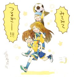  2boys ball brown_hair carrying closed_eyes commentary_request female gloves goalkeeper hairband inazuma_eleven_(series) inazuma_eleven_go inazuma_eleven_go_chrono_stone itsuki_(s2_129) long_hair matsukaze_tenma multiple_boys nanobana_kinako nishizono_shinsuke open_mouth orange_hairband piggyback raimon raimon_soccer_uniform short_hair smile soccer_ball soccer_uniform sportswear telstar translated 