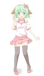  alternate_costume animal_ears bow collar commentary_request female green_eyes green_hair highres kasodani_kyouko mary_janes oerba_yun_fang open_mouth shino_megumi shoes short_hair skirt smile solo thighhighs touhou zettai_ryouiki 