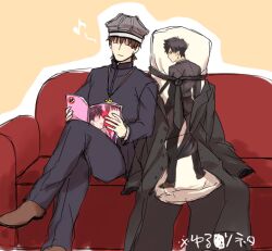  1boy afjc bad_id bad_pixiv_id boxers boxers_on_head brown_hair couch dakimakura_(object) emiya_kiritsugu fate/zero fate_(series) kotomine_kirei male_focus male_underwear manga_(object) musical_note necktie parody photoshop_(medium) pillow solo underwear yuru_yuri 