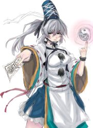  bad_id chin_strap female grey_eyes grey_hair hat japanese_clothes kariginu long_hair long_sleeves mononobe_no_futo ofuda panzer_(p.z) ponytail solo tate_eboshi touhou white_background wide_sleeves yin_yang 