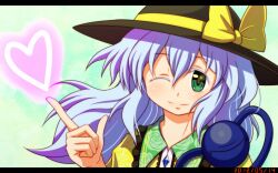  closed_eyes commentary_request female green_eyes grey_hair hat hat_ribbon heart komeiji_koishi letterboxed long_hair one_eye_closed qontamblue ribbon smile solo third_eye touhou 