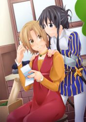  2girls akiyama_mio alternate_hairstyle bad_id bad_pixiv_id black_eyes black_hair blush brown_eyes brown_hair commentary_request cosplay dress hair_down hands_on_shoulders hug hug_from_behind juliet_capulet juliet_capulet_(cosplay) k-on! long_hair multiple_girls pantyhose photoshop_(medium) romeo_and_juliet romeo_montague romeo_montague_(cosplay) short_hair skirt smile sora_(sky_s04) striped tainaka_ritsu vertical_stripes white_legwear 