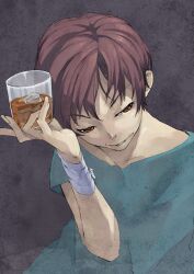  1boy bandages brown_eyes brown_hair commentary_request glass holding ice ice_cube maeda_risou male_focus original solo tea 