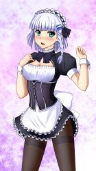  alternate_costume apron black_pantyhose blush bow braid breasts choker cleavage commentary_request corset enmaided female frills green_eyes grey_hair hair_ornament hairclip highres kenken large_breasts maid maid_headdress open_mouth pantyhose perky_breasts seolla_schweizer single_braid smile solo super_robot_wars super_robot_wars_original_generation thighband_pantyhose wrist_cuffs 