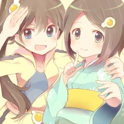  2girls :3 araragi_karen araragi_tsukihi arm_on_another&#039;s_shoulder bad_id bad_pixiv_id black_hair blue_eyes blush egg_(food) egg_hair_ornament food food-themed_hair_ornament fried_egg green_eyes gum_(vivid_garden) hair_ornament hood hooded_track_jacket jacket japanese_clothes kimono long_hair monogatari_(series) multiple_girls nisemonogatari open_mouth short_hair shorts siblings side_ponytail sisters track_jacket 