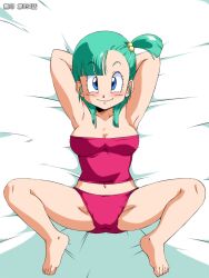  blue_eyes blush breasts bulma_briefs cleavage dragon_ball feet green_hair looking_at_viewer navel old_school_academy panties smile solo spread_legs toes underwear 