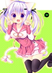  :d animal_ears black_thighhighs blush cat_ears cat_tail commentary_request double_v dress female hair_ribbon heart leg_up oerba_yun_fang open_mouth original photoshop_(medium) purple_eyes purple_hair ribbon sakura_hanpen smile solo spoken_heart tail thighhighs twintails v 