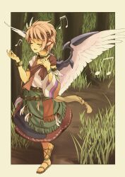  :d alternate_costume animal_ears bangle blush bracelet closed_eyes commentary_request earrings female grass hoop_earrings jewelry large_wings music musical_note mystia_lorelei open_mouth pink_hair sandals short_hair singing smile solo touhou walking wings yudepii 