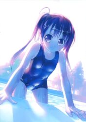  absurdres backlighting black_eyes black_hair blush collarbone dutch_angle female highres long_hair looking_at_viewer one-piece_swimsuit original outdoors pool poolside scan school_swimsuit shiny_clothes smile solo swimsuit takoyaki_(roast) tree twintails water wet wet_clothes 