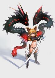  animal_ears bad_id bad_pixiv_id bikini black_bikini black_gloves blonde_hair cat_ears eyepatch female gloves groin holding long_hair navel observerz orange_eyes original solo standing swimsuit sword weapon 