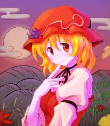  aki_minoriko blonde_hair blush cloud commentary_request female food fruit grapes hat leaf long_sleeves maple_leaf moon orange_eyes puffy_sleeves qontamblue short_hair smile solo touhou 