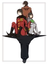  4boys back-to-back back_to_back batman batman_(series) black_hair boots border brothers cape damian_wayne dc_comics dick_grayson family jason_todd male male_focus multicolored_hair multiple_boys pixiv_thumbnail red_hood red_hood_(dc) red_robin resized robin_(dc) siblings sitting superhero tim_drake two-tone_hair 