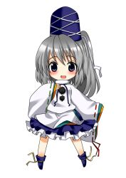  asahana_jun blue_eyes blush commentary_request female grey_hair hat japanese_clothes kariginu long_hair long_sleeves mononobe_no_futo open_mouth solo standing tate_eboshi touhou wide_sleeves 