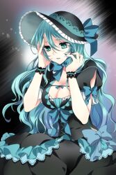  aqua_hair arm_garter bow breasts cleavage dress female frills green_eyes hat hat_ribbon long_hair lowres mca_(dessert_candy) medium_breasts nail_polish photoshop_(medium) ribbon solo sword_girls very_long_hair wavy_hair 