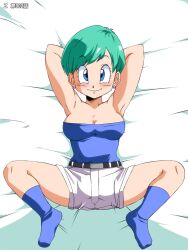  belt blue_eyes blush breasts bulma_briefs cleavage dragon_ball dragon_ball_z green_hair looking_at_viewer old_school_academy smile socks solo spread_legs 