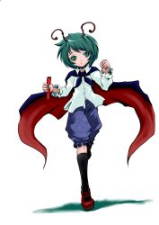  antennae black_socks cape commentary_request dress_shirt female full_body green_eyes green_hair kneehighs long_sleeves madara_inosuke mary_janes open_mouth relay_baton shirt shoes short_hair shorts socks solo touhou transparent_background wriggle_nightbug 