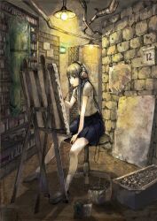  art_brush blonde_hair book bookshelf canvas_(object) chair commentary_request easel female headphones highres koruse light long_hair mouth_hold oekaki_musume original paint_can paintbrush painting_(action) shadow sitting skirt socks solo 