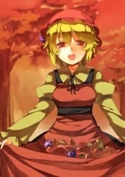  aki_minoriko apple bad_id bad_pixiv_id blonde_hair female food fruit grapes hasebe_yuusaku hat long_sleeves open_mouth pear persimmon puffy_sleeves red_eyes short_hair skirt_basket skirt_hold solo touhou 