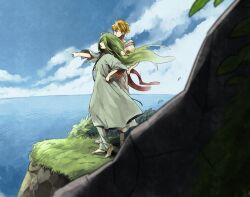  2boys bad_id bad_pixiv_id barefoot blonde_hair enkidu_(fate) fate/strange_fake fate/zero fate_(series) gilgamesh_(fate) green_hair long_hair male_focus multiple_boys pointing robe vox 