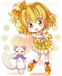  ^_^ bad_id bad_pixiv_id boots bow brown_eyes brown_hair character_name chibi choker closed_eyes commentary_request copyright_name cure_pine earrings female ferret fresh_precure! full_body hair_ornament hairbow heart heart_hair_ornament hiyopuko jewelry magical_girl one_side_up orange_choker precure short_hair skirt smile tart_(fresh_precure!) yamabuki_inori 