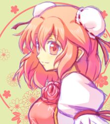  chinese_clothes closed_mouth commentary_request double_bun female flower hair_bun ibaraki_kasen pink_eyes pink_hair puffy_sleeves qontamblue rose short_hair short_sleeves smile solo touhou upper_body 