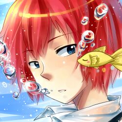  1boy bangs blue_eyes blush_stickers bubble fish haru_(tsuritama) highres male male_focus red_hair sanada_yuki solo tsuritama underwater 