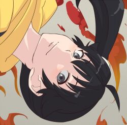  ahoge araragi_karen black_hair closed_mouth commentary_request egg egg_(food) female fire food fried_egg gazacy_(dai) grey_eyes hair_ornament monogatari_(series) portrait short_hair side_ponytail smile solo upside-down 