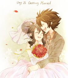  1boy bad_id bad_pixiv_id bouquet brown_hair closed_eyes couple dress elbow_gloves english_text female flower formal gloves gown hair_bun height_difference hilbert_(pokemon) hilda_(pokemon) laughing long_hair luo-qin necktie pokemon pokemon_adventures pokemon_bw red_flower red_rose rose short_hair single_hair_bun straight suit veil wedding wedding_dress white_dress 