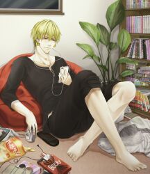  1boy barefoot blonde_hair casual commentary_request digital_media_player earbuds earphones earrings fate/zero fate_(series) food gilgamesh_(fate) handheld_game_console happy_turn jewelry kosho male_focus plant playstation_portable pocky potted_plant red_eyes short_hair solo 