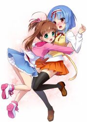  2girls bad_id bad_pixiv_id black_legwear blue_hair blush brown_hair green_eyes hair_ribbon hairband hug jewelpet_(series) jewelpet_twinkle long_hair multiple_girls open_mouth red_eyes ribbon sakura_akari sara_(jewelpet_twinkle) short_hair side_ponytail skirt smile thighhighs yuu_(derodero) 